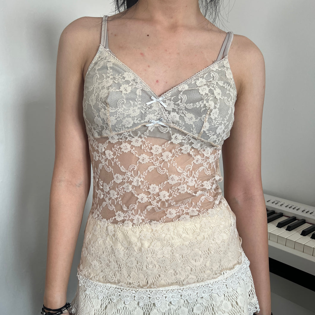 Cream Lace Opaque Faint Blue Grey Cami Top