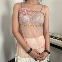 Load image into Gallery viewer, Pink Embroidered Flowers Mesh Cami Top
