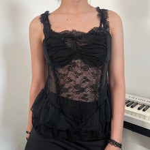 Load image into Gallery viewer, Black Ruffles Ruched Mesh Cami Top
