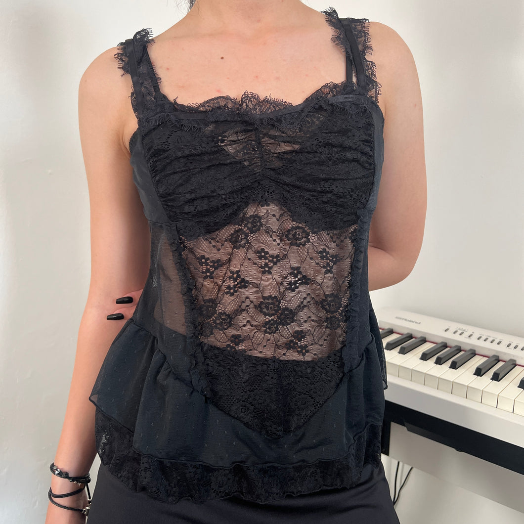 Black Ruffles Ruched Mesh Cami Top