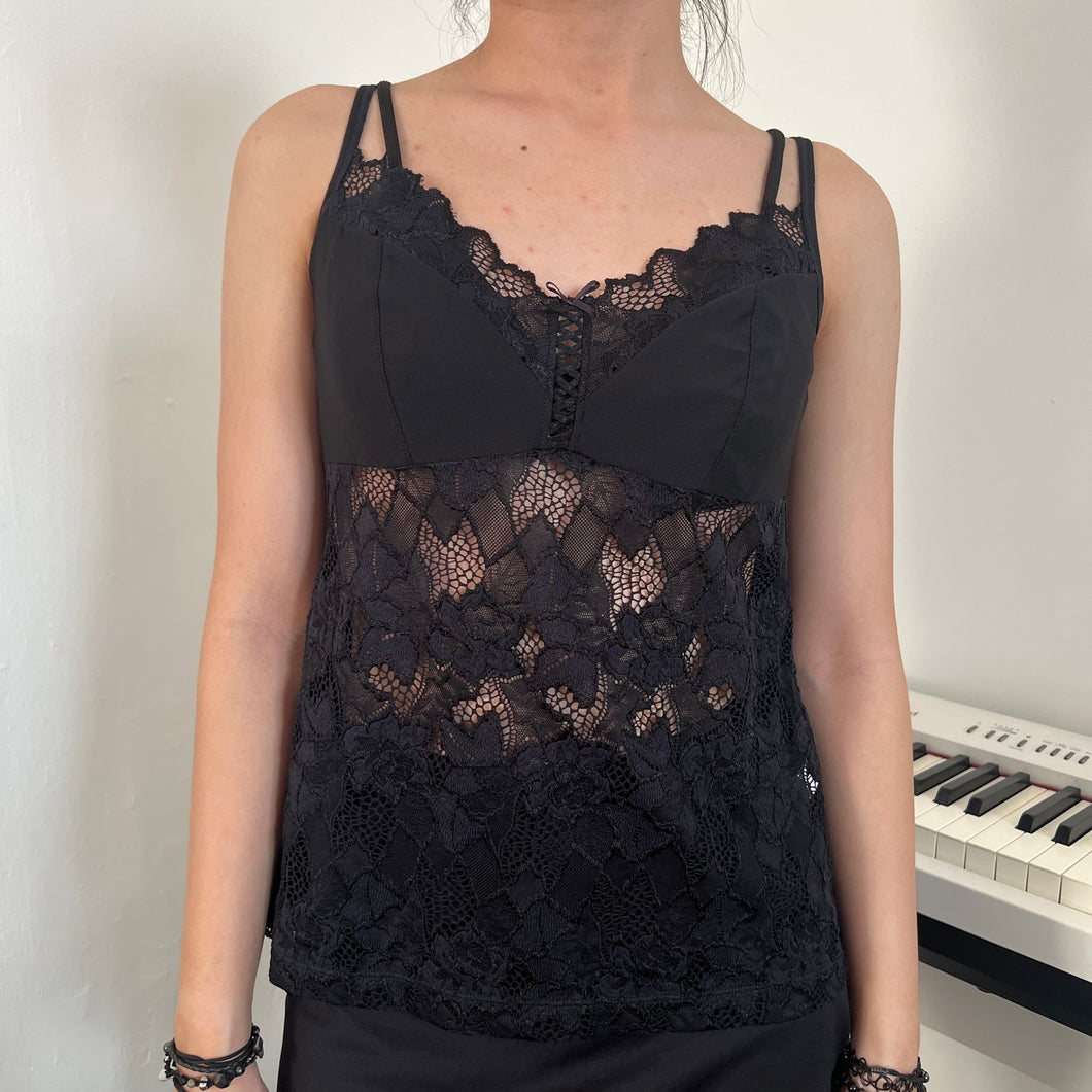 Black Cross Lace Chest Mesh Cami Top