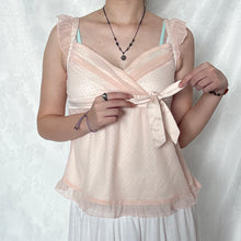 Load image into Gallery viewer, Pink Polka Dot Mesh Side Bow Ruffles Sleeveless Top
