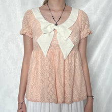 Load image into Gallery viewer, Ank Rouge Pink Lace Base White Cream Bow Short Sleeve Top
