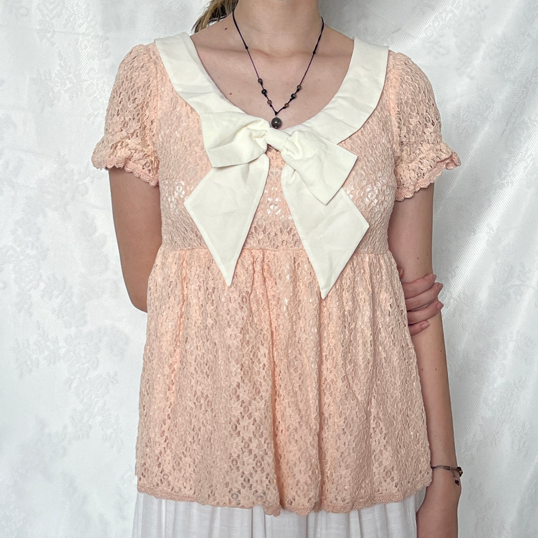 Ank Rouge Pink Lace Base White Cream Bow Short Sleeve Top