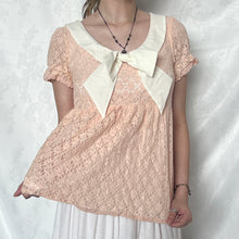 Load image into Gallery viewer, Ank Rouge Pink Lace Base White Cream Bow Short Sleeve Top
