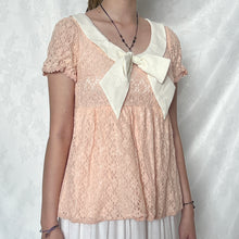 Load image into Gallery viewer, Ank Rouge Pink Lace Base White Cream Bow Short Sleeve Top
