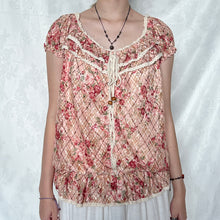 Load image into Gallery viewer, Liz Lisa Pink Floral Plaid Lace Tie Puff Sleeve Top
