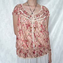 Load image into Gallery viewer, Liz Lisa Pink Floral Plaid Lace Tie Puff Sleeve Top
