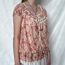 Load image into Gallery viewer, Liz Lisa Pink Floral Plaid Lace Tie Puff Sleeve Top
