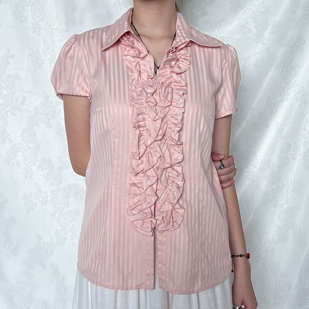 Light Pink Alice Ruffles Collar Short Office Sleeve Top