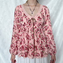 Load image into Gallery viewer, Liz Lisa Pink Floral Mesh Brown Tie Long Sleeves Top
