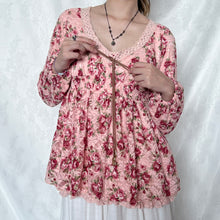 Load image into Gallery viewer, Liz Lisa Pink Floral Mesh Brown Tie Long Sleeves Top
