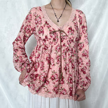 Load image into Gallery viewer, Liz Lisa Pink Floral Mesh Brown Tie Long Sleeves Top
