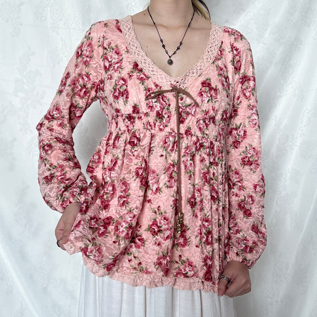 Liz Lisa Pink Floral Mesh Brown Tie Long Sleeves Top