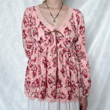 Load image into Gallery viewer, Liz Lisa Pink Floral Mesh Brown Tie Long Sleeves Top
