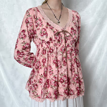 Load image into Gallery viewer, Liz Lisa Pink Floral Mesh Brown Tie Long Sleeves Top
