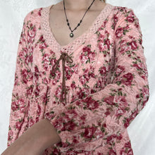 Load image into Gallery viewer, Liz Lisa Pink Floral Mesh Brown Tie Long Sleeves Top
