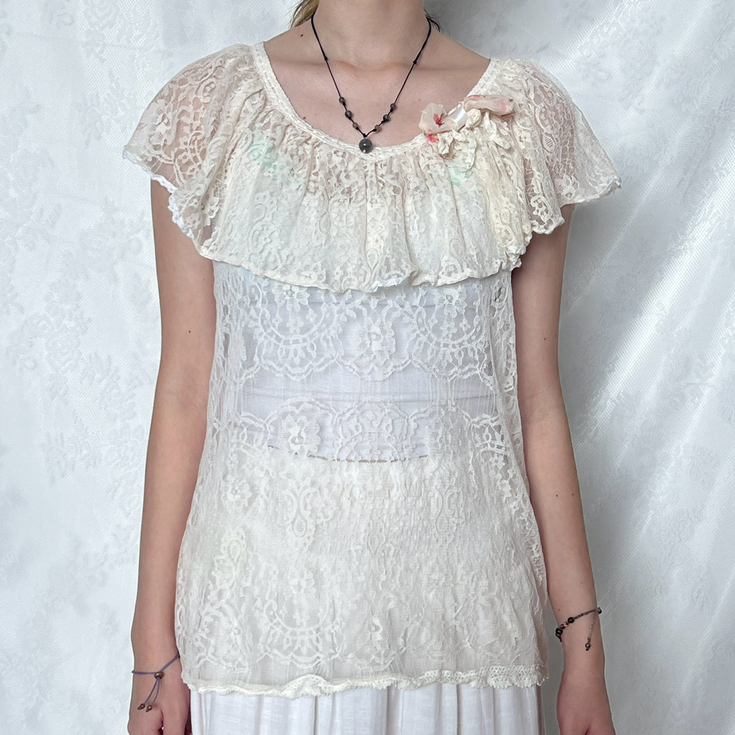 Cream Lace Ruffles Shoulder Cute Flower Pin Top