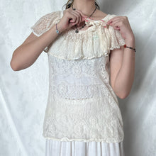 Load image into Gallery viewer, Cream Lace Ruffles Shoulder Cute Flower Pin Top
