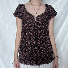 Load image into Gallery viewer, Brown Black Lace Pink Floral V Neck Puff Sleeve Top
