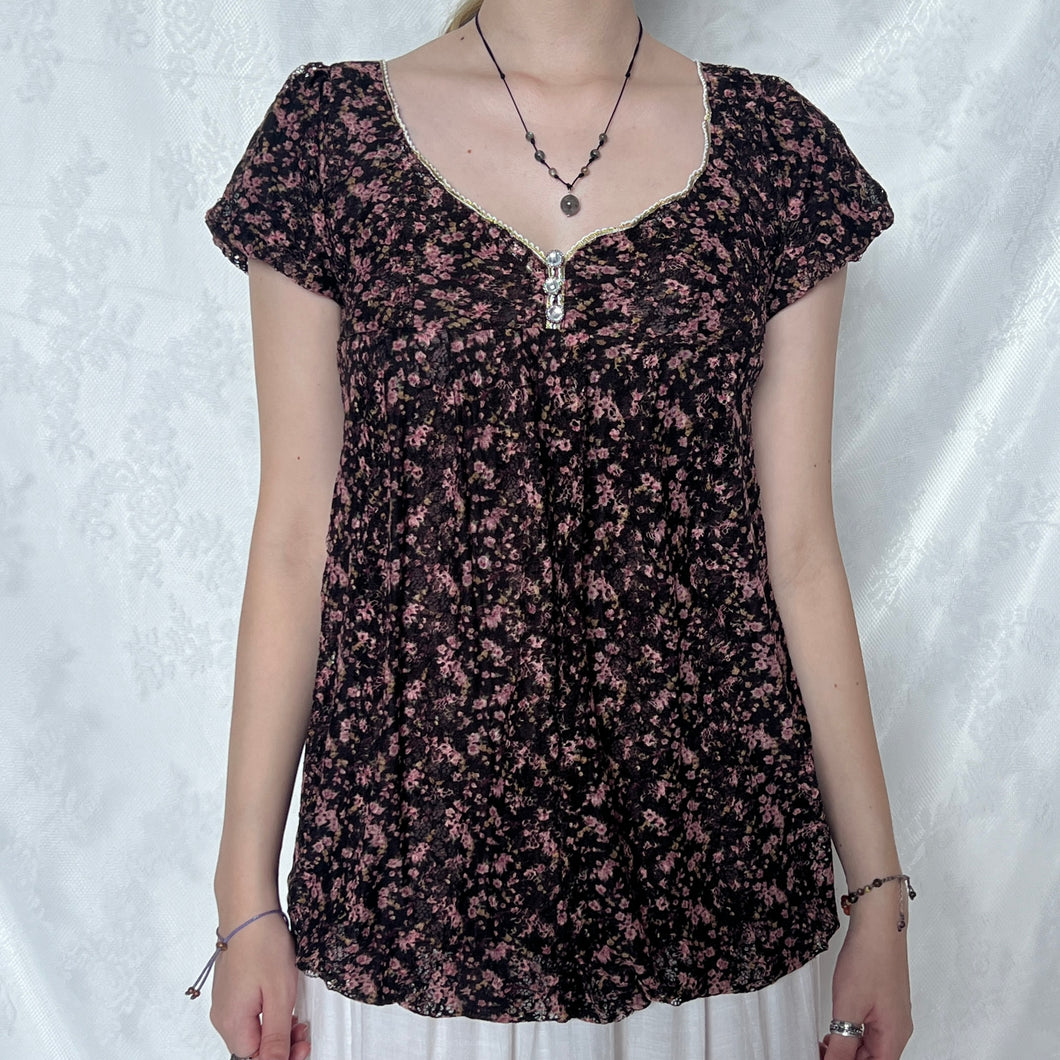 Brown Black Lace Pink Floral V Neck Puff Sleeve Top