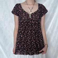 Load image into Gallery viewer, Brown Black Lace Pink Floral V Neck Puff Sleeve Top
