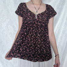 Load image into Gallery viewer, Brown Black Lace Pink Floral V Neck Puff Sleeve Top
