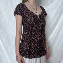 Load image into Gallery viewer, Brown Black Lace Pink Floral V Neck Puff Sleeve Top
