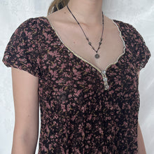 Load image into Gallery viewer, Brown Black Lace Pink Floral V Neck Puff Sleeve Top
