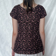 Load image into Gallery viewer, Brown Black Lace Pink Floral V Neck Puff Sleeve Top
