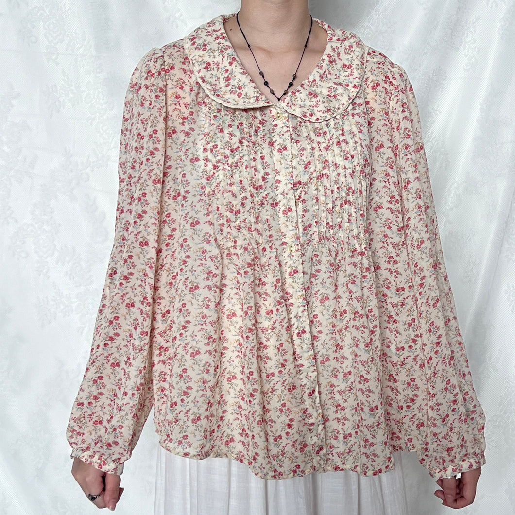 Baby Pink Floral Spring Alice Collar Button Long Sleeve Top