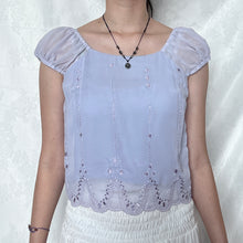 Load image into Gallery viewer, Lilac Mesh Overlay Embroidered Bottom Puff Sleeve Top
