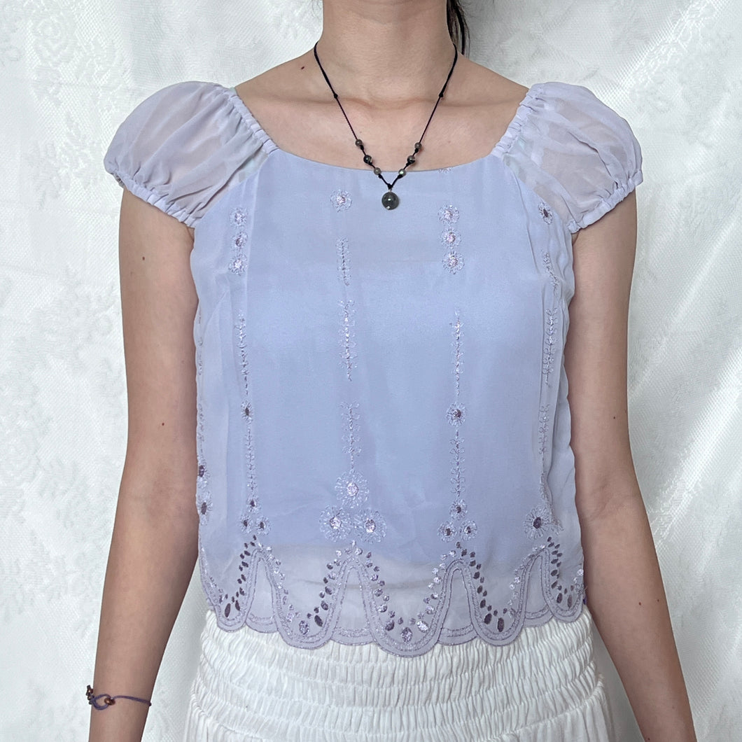 Lilac Mesh Overlay Embroidered Bottom Puff Sleeve Top