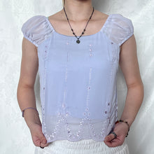 Load image into Gallery viewer, Lilac Mesh Overlay Embroidered Bottom Puff Sleeve Top
