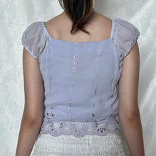 Load image into Gallery viewer, Lilac Mesh Overlay Embroidered Bottom Puff Sleeve Top
