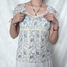 Load image into Gallery viewer, Blue Grey Flowers Mesh Lace Soft Short Sleeve Huggy Top
