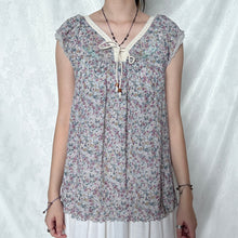 Load image into Gallery viewer, Purple Blue Floral Bohemian Lace Up Cap Sleeve Top
