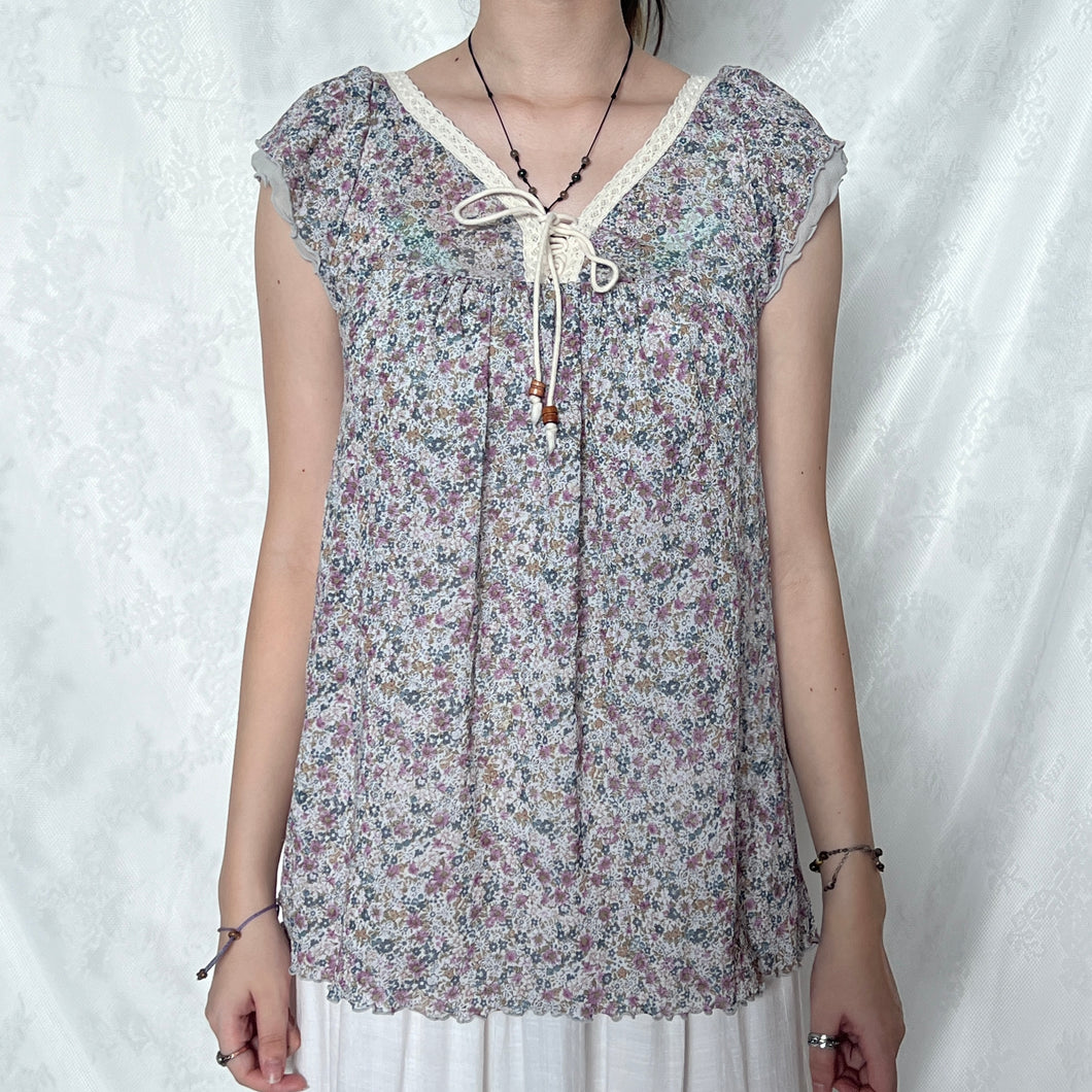 Purple Blue Floral Bohemian Lace Up Cap Sleeve Top