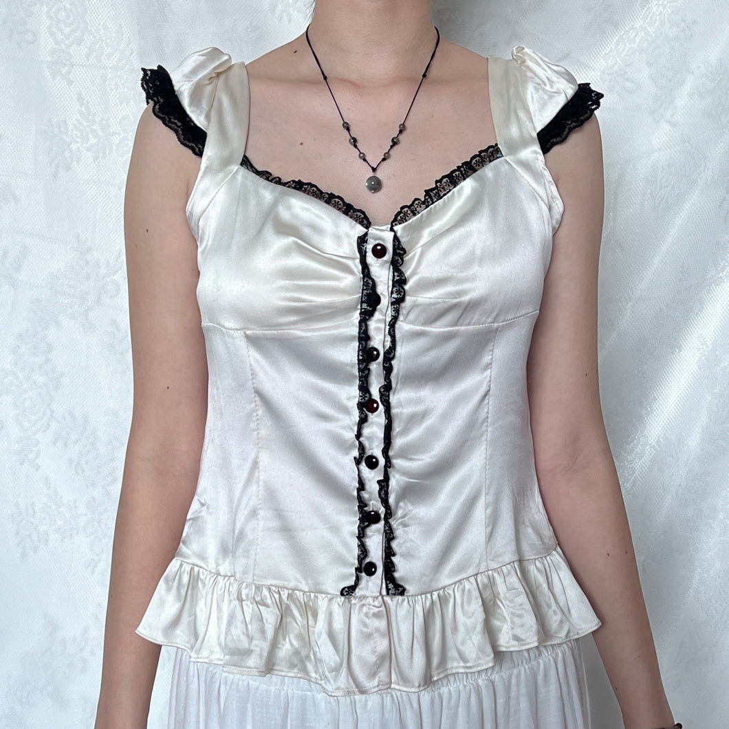 Ivory White Silk Cross-back Black Lace Trimming Cap Sleeve Top