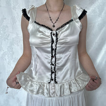 Load image into Gallery viewer, Ivory White Silk Cross-back Black Lace Trimming Cap Sleeve Top
