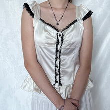 Load image into Gallery viewer, Ivory White Silk Cross-back Black Lace Trimming Cap Sleeve Top
