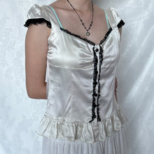 Load image into Gallery viewer, Ivory White Silk Cross-back Black Lace Trimming Cap Sleeve Top
