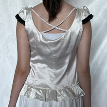 Load image into Gallery viewer, Ivory White Silk Cross-back Black Lace Trimming Cap Sleeve Top
