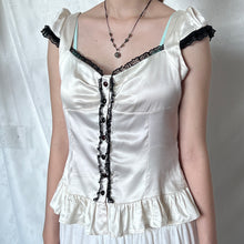 Load image into Gallery viewer, Ivory White Silk Cross-back Black Lace Trimming Cap Sleeve Top
