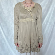 Load image into Gallery viewer, Beige Lace Chest Brown Embroidery Long Sleeve Top
