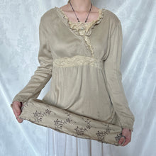 Load image into Gallery viewer, Beige Lace Chest Brown Embroidery Long Sleeve Top
