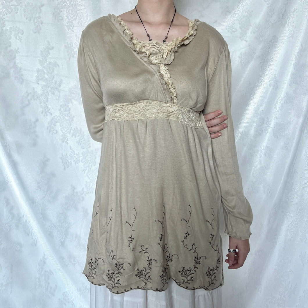 Beige Lace Chest Brown Embroidery Long Sleeve Top