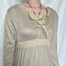 Load image into Gallery viewer, Beige Lace Chest Brown Embroidery Long Sleeve Top
