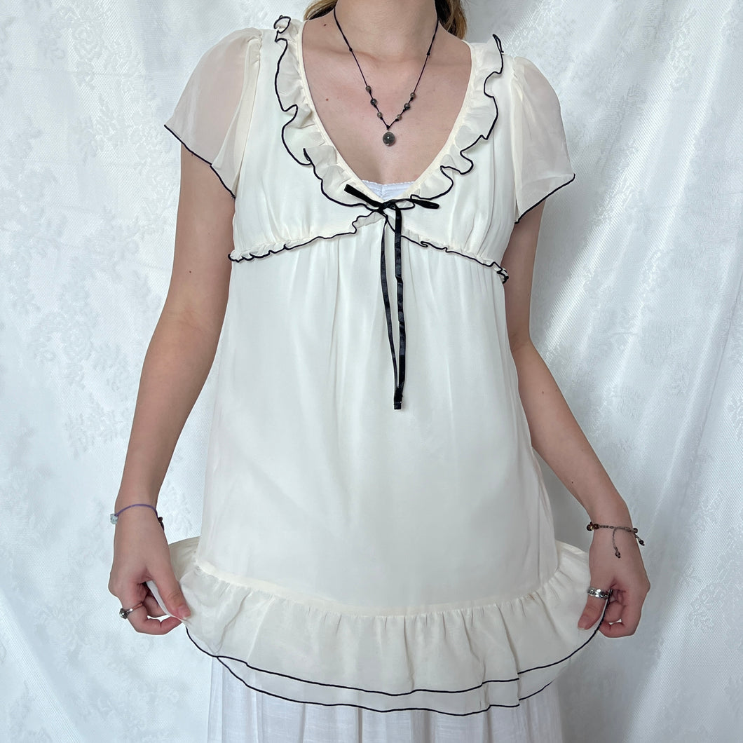 Cream Mesh Black Outline Ribbon Victorian Top