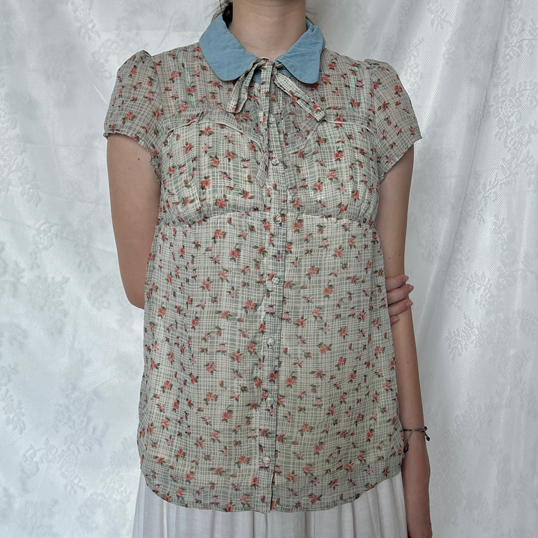 Turquoise Picnic Plaid Floral Collared Tie Top